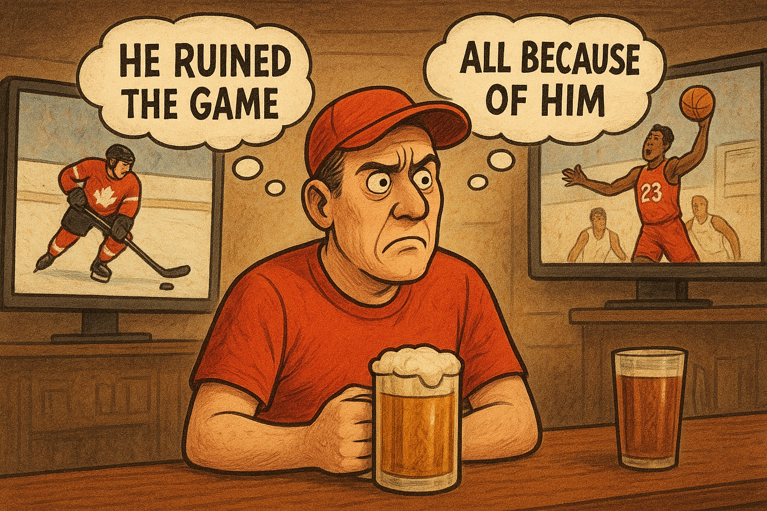 Illustration of a sports fan sitting with a beer, blaming athletes on TV for his lost bets.