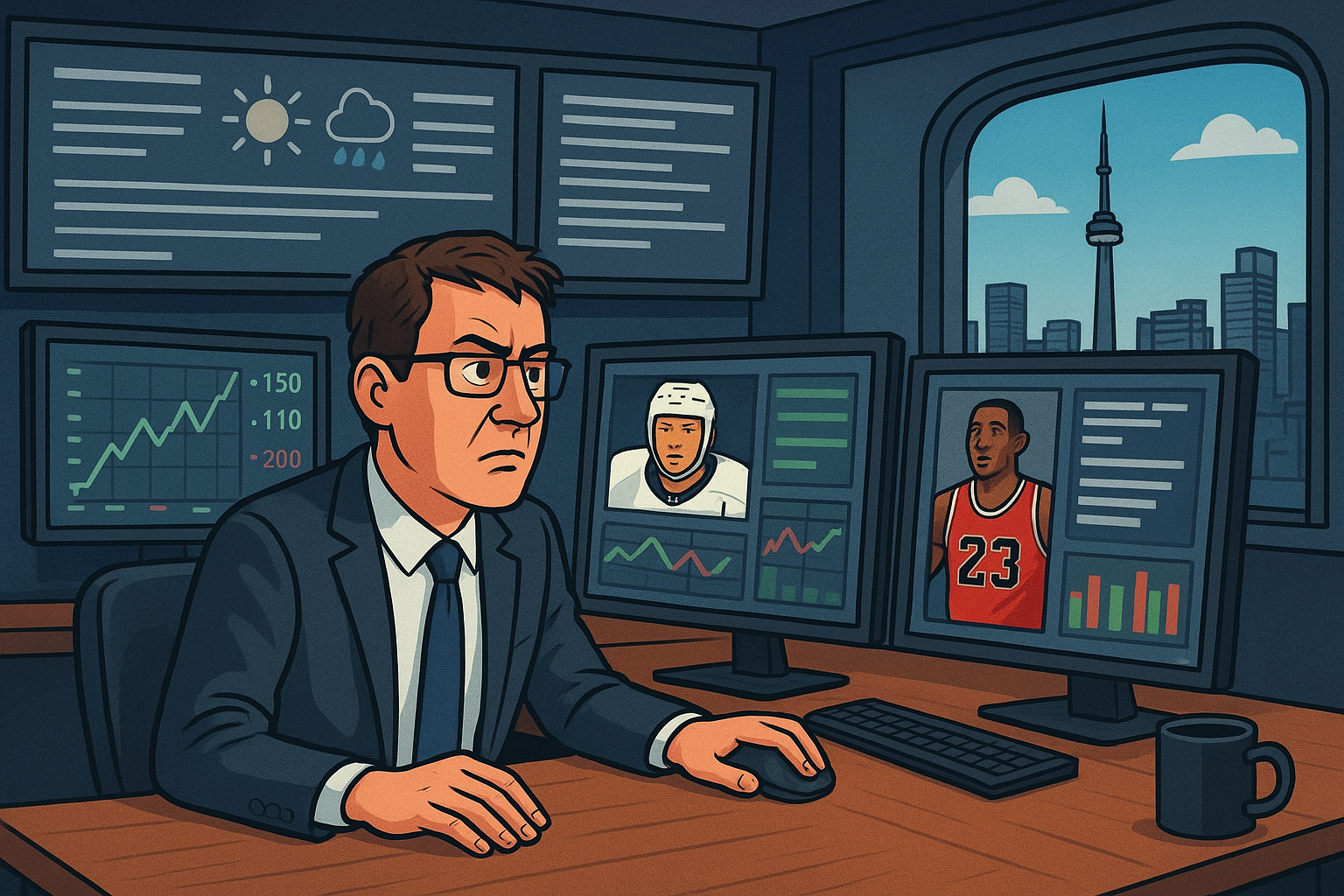 A focused man analyzes multiple screens of sports data, representing how bookmakers weigh countless factors to set odds.