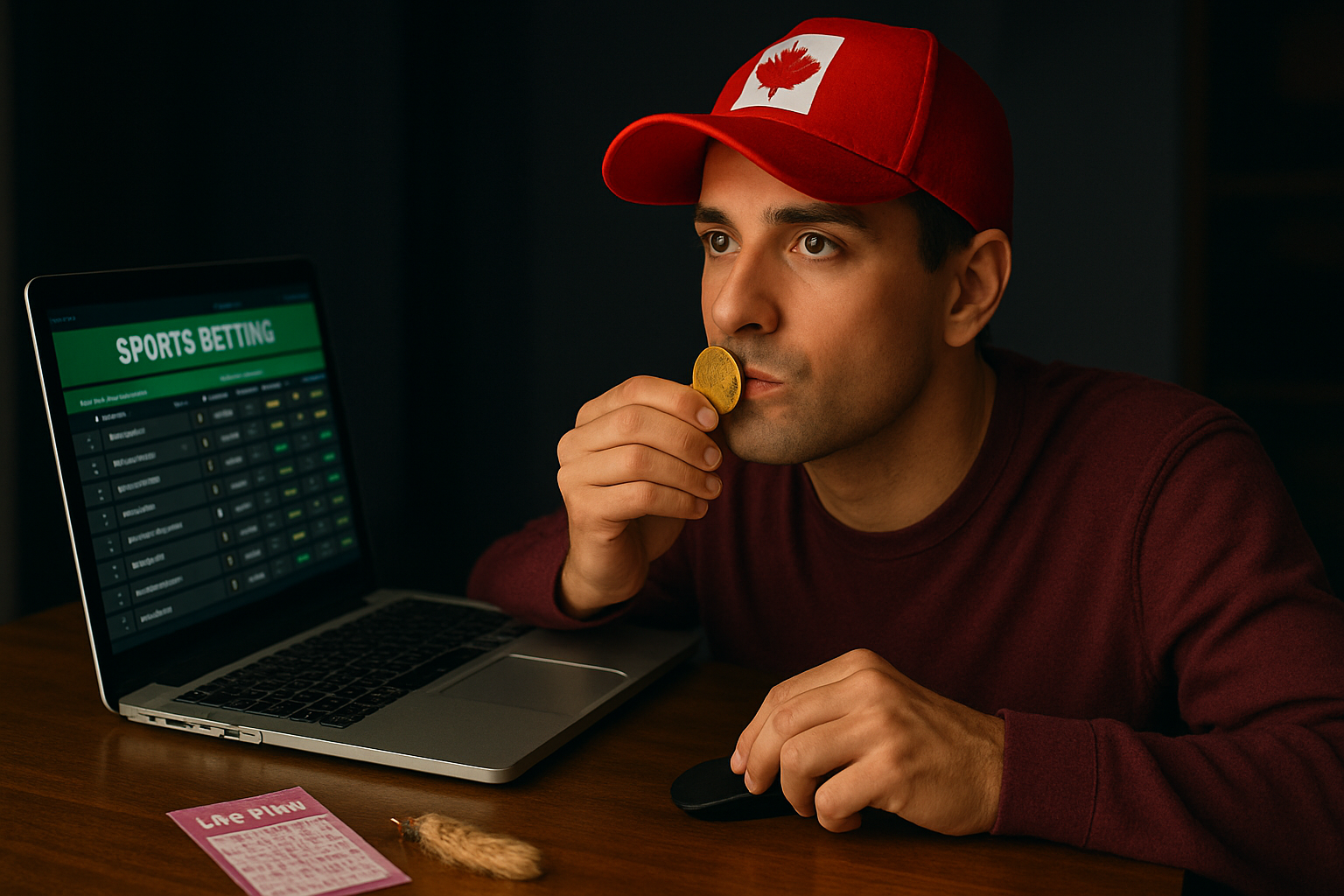 Man in a red Canada cap holding a coin to his lips for luck while betting online, with a laptop, betting slip, and lucky charm on the table.