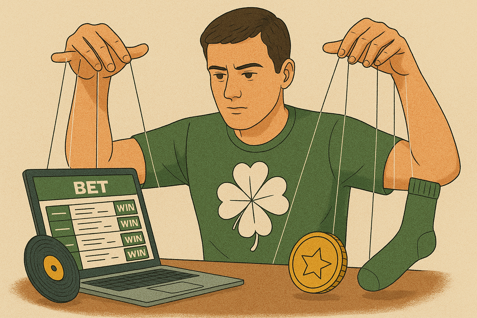 Focused bettor wearing a green clover shirt, holding strings connected to a laptop, gold coin, and sock, representing belief in lucky rituals.