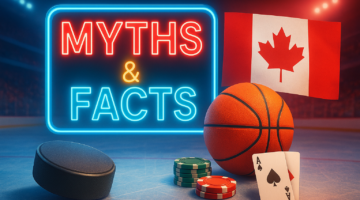 Colorful image of a neon “Myths & Facts” sign with Canadian flag, sports items, and casino tokens, highlighting myths around gambling culture in Canada.