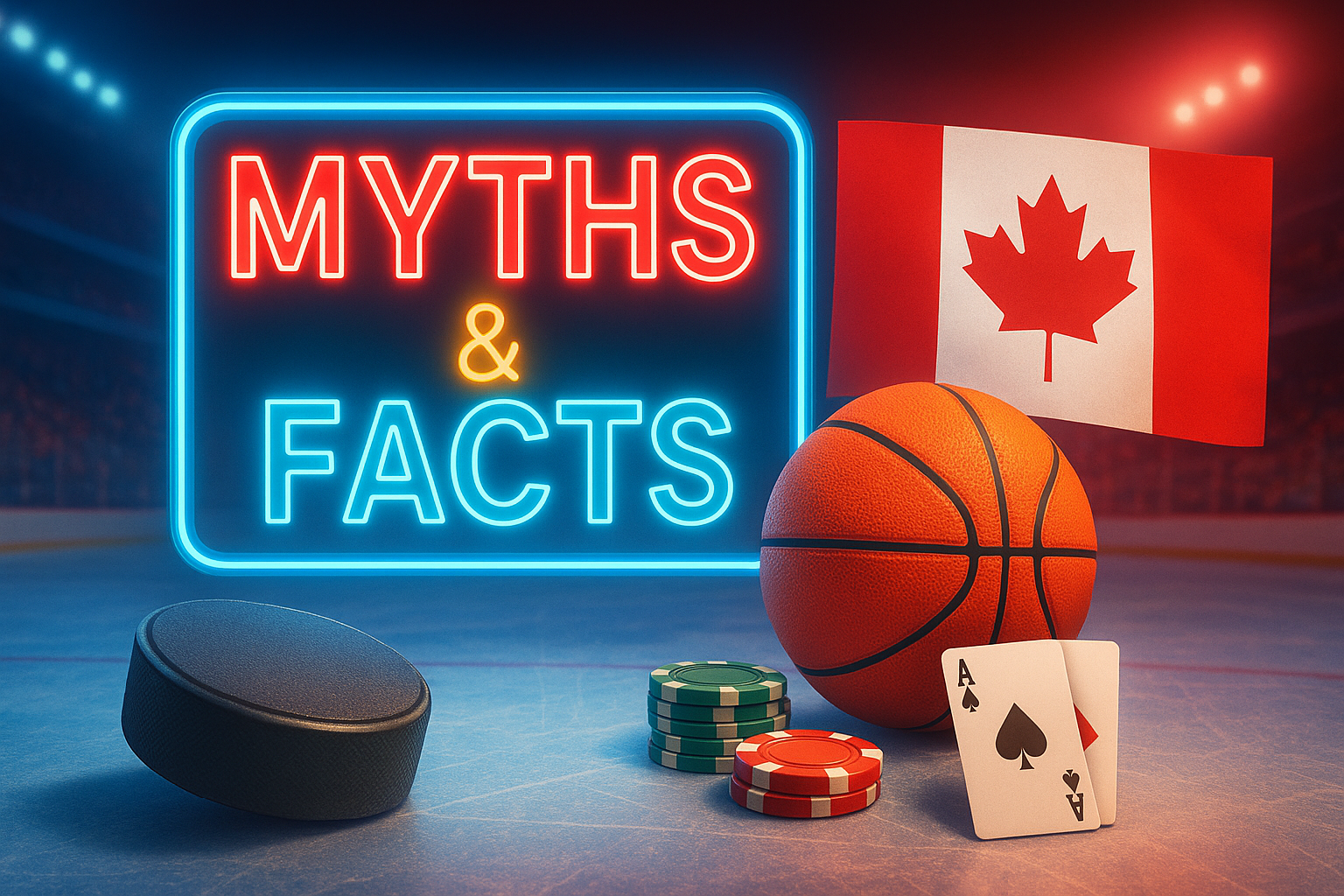 Colorful image of a neon “Myths & Facts” sign with Canadian flag, sports items, and casino tokens, highlighting myths around gambling culture in Canada.