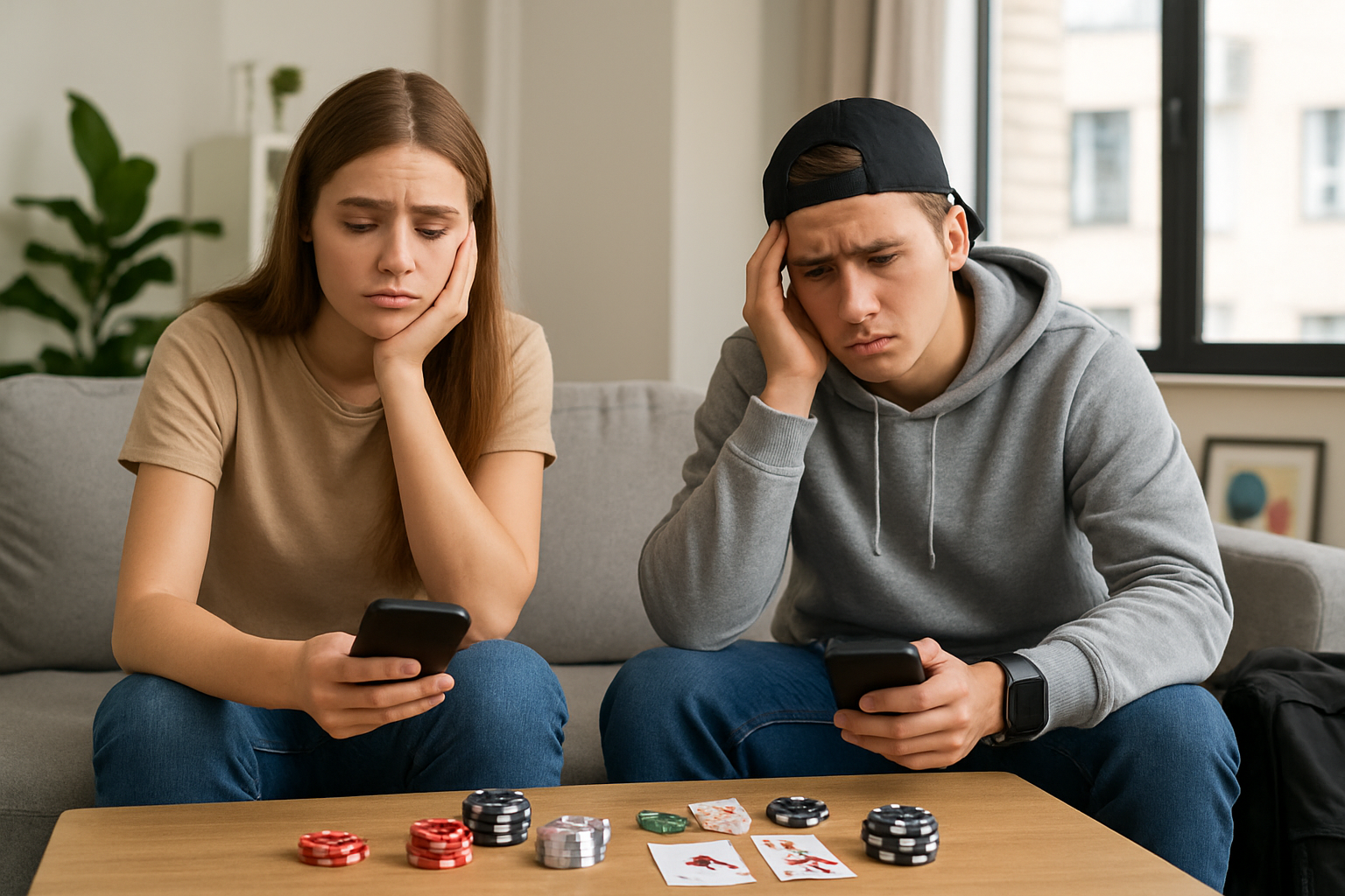 Concerned young man and woman sitting with phones in hand, poker chips and cards on the table, highlighting the vulnerability of young Canadians to gambling problems.