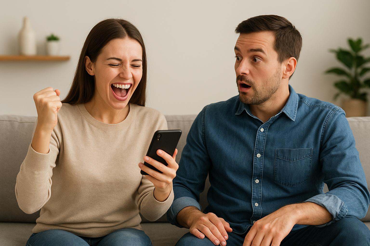 Smiling woman cheering after a mobile bet with a shocked man beside her, illustrating the rising number of women engaging in gambling activities.
