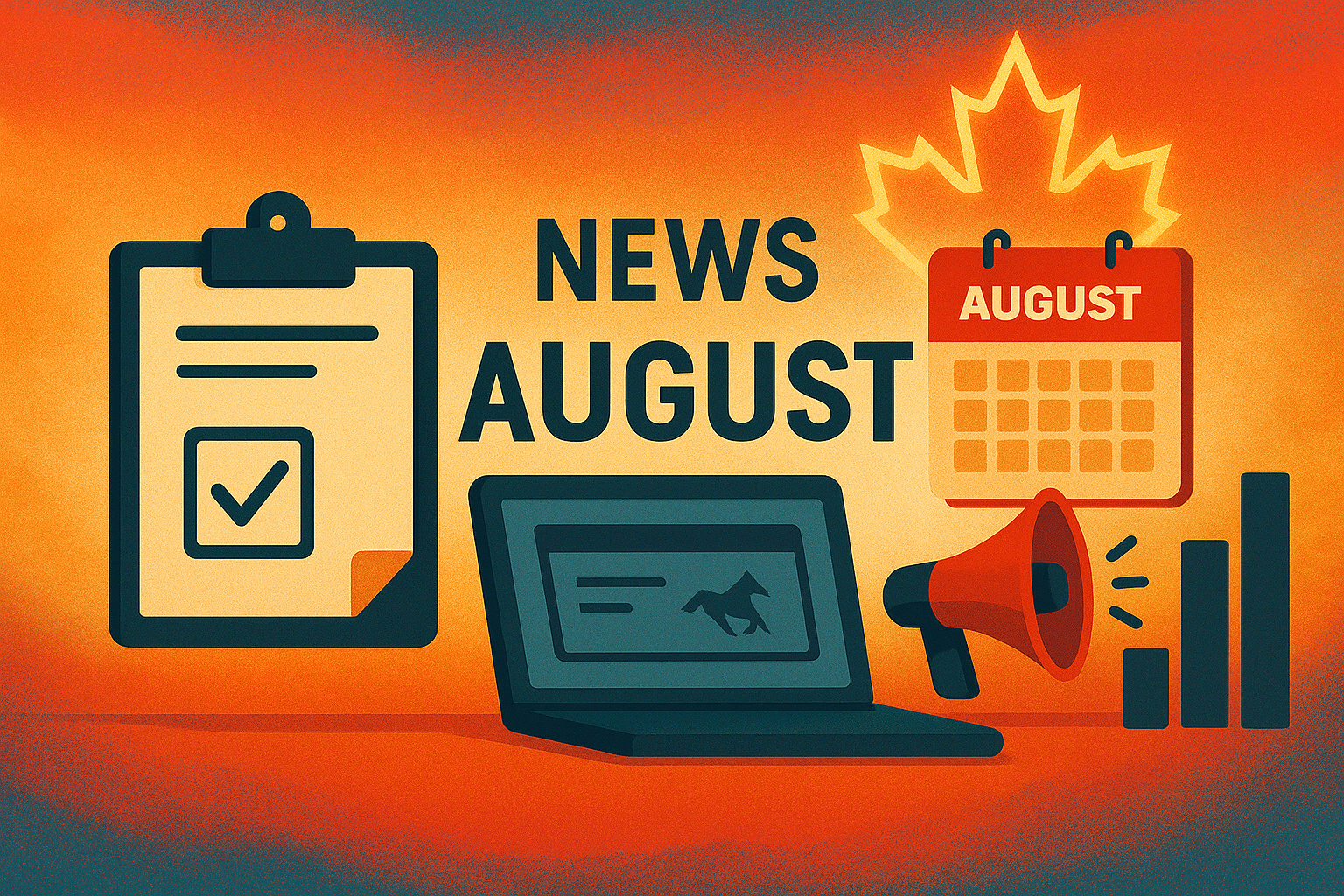 Visual of August calendar, horse racing icon, and industry symbols illustrating Canadian iGaming news for August 2025.
