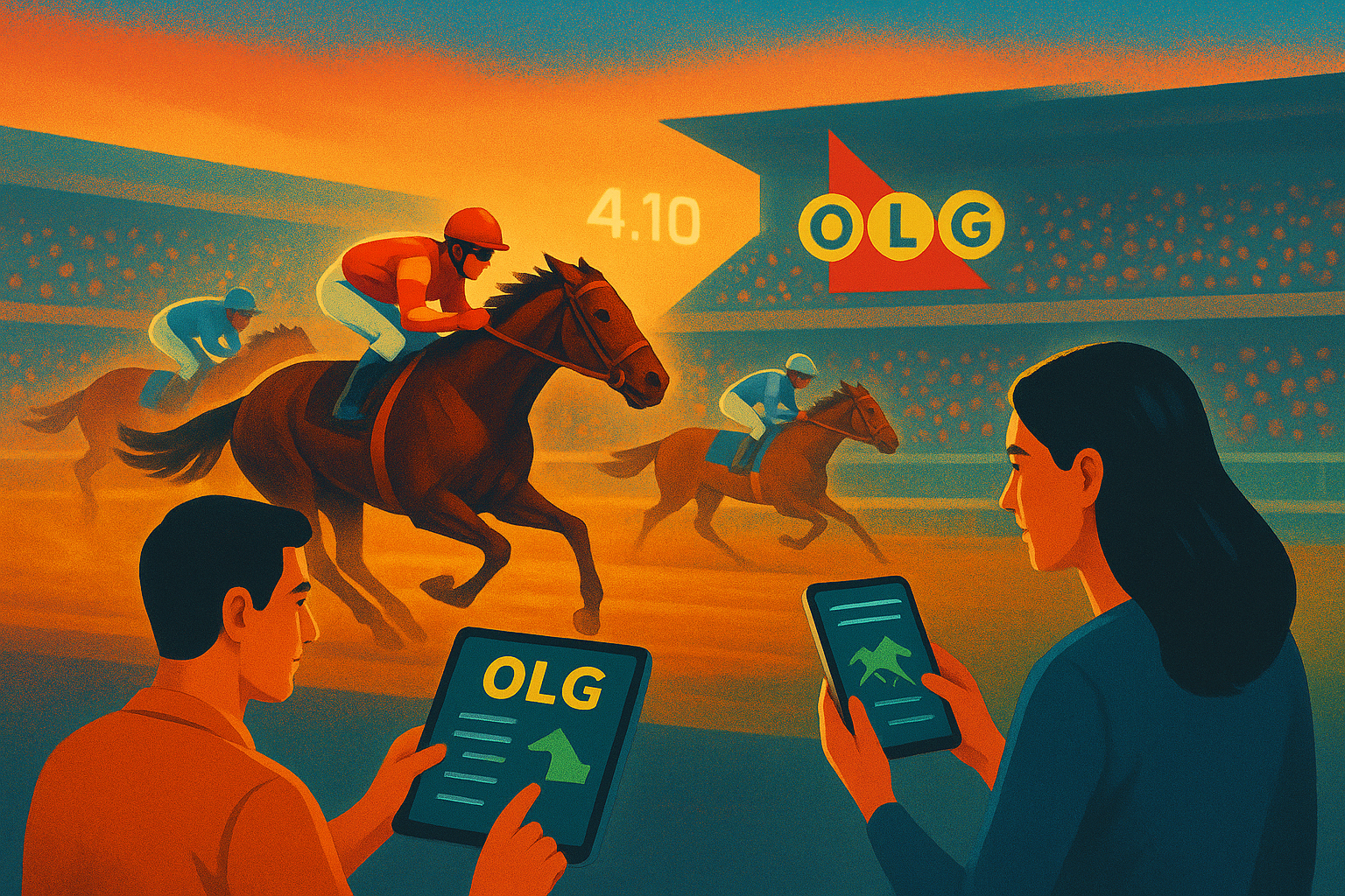 Graphic showing jockeys racing and users placing bets on tablets and phones via OLG’s new online horse race betting product.