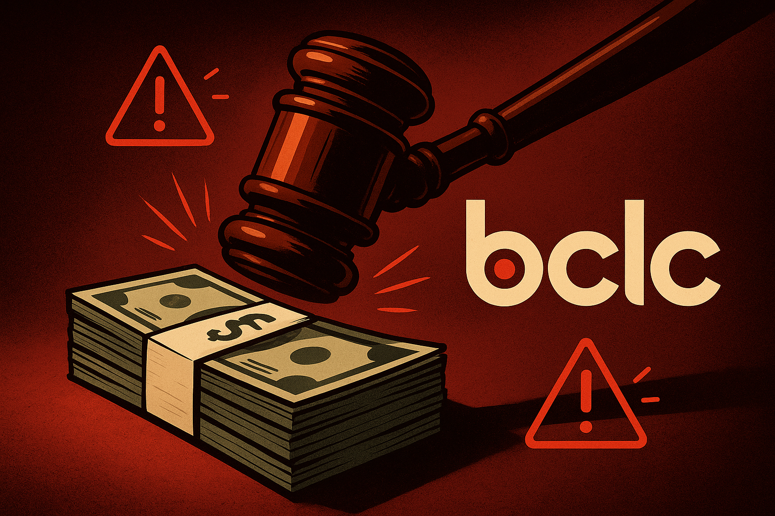 Court gavel over money bundle illustrating FINTRAC penalty on BCLC for regulatory violations in gambling operations