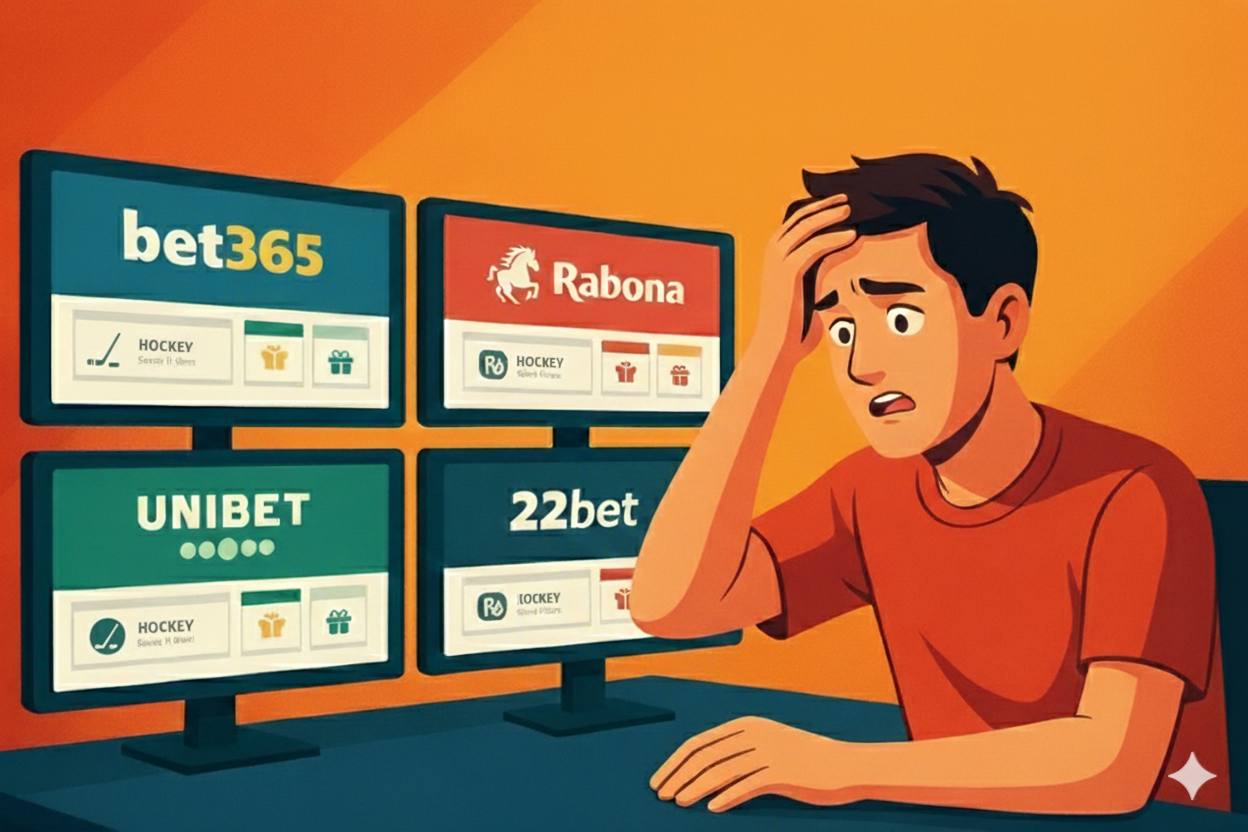 A bettor looking stressed while comparing odds on several sportsbook platforms in Canada.