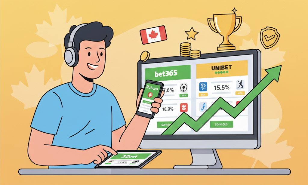 Illustration of a bettor comparing betting platforms on phone, tablet, and computer to get the best odds.