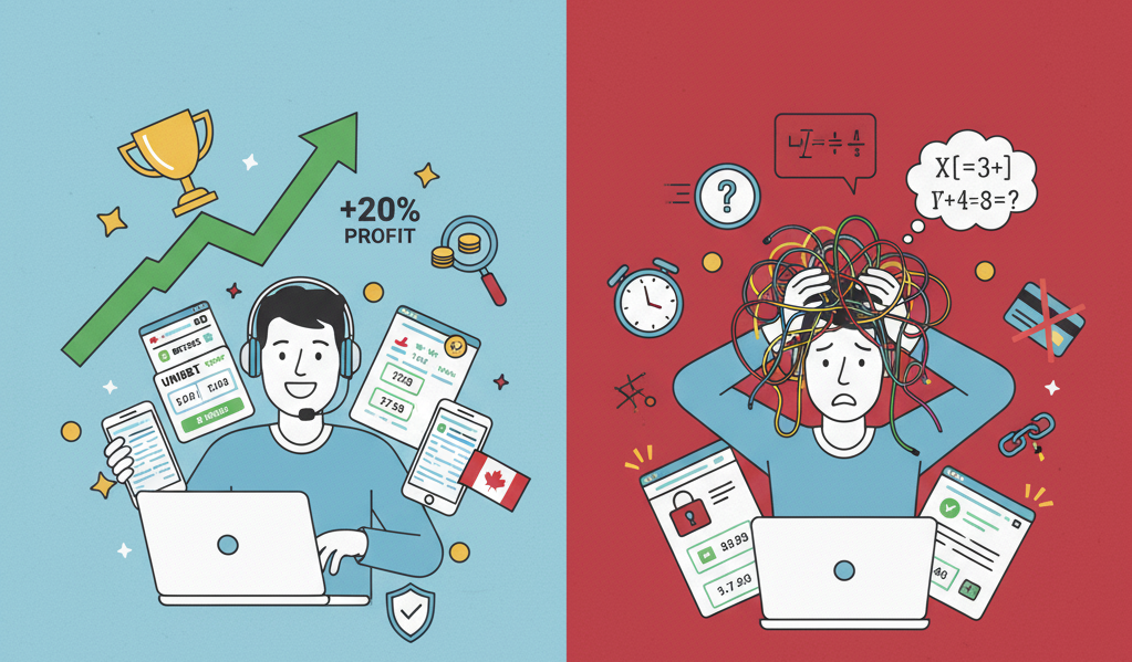 Contrast between disciplined betting with multiple accounts leading to profit and poor management causing stress.