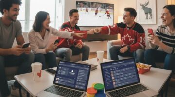 Group of young people in Canada using social sports betting sites on laptops and phones while bonding over a live hockey match.