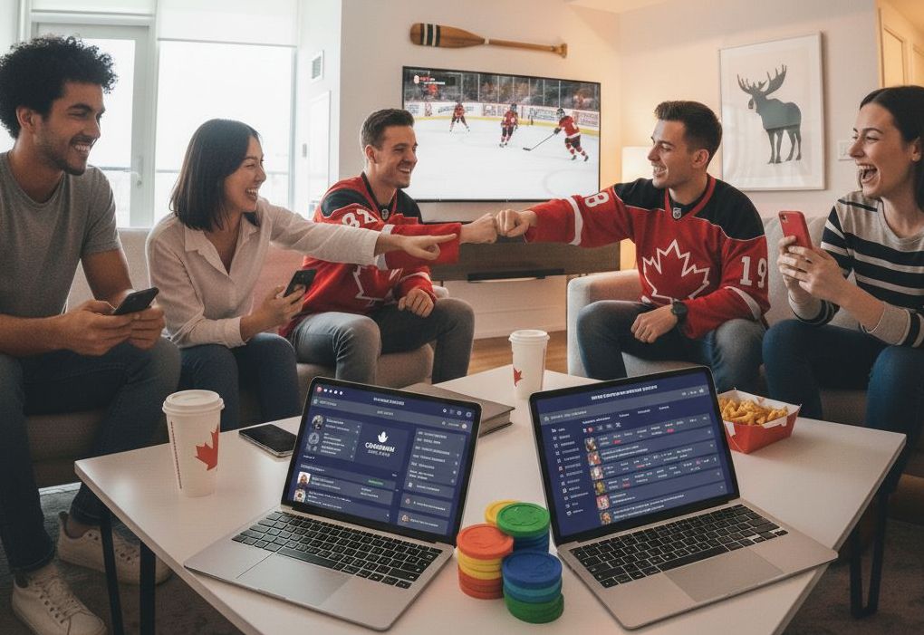 Group of young people in Canada using social sports betting sites on laptops and phones while bonding over a live hockey match.