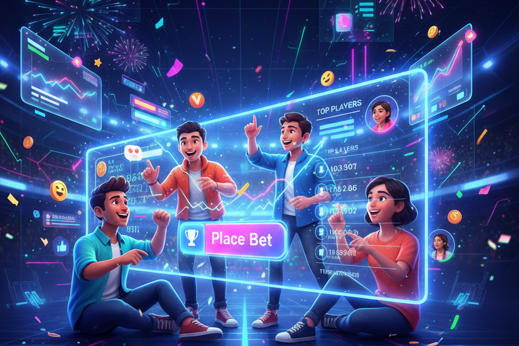 Colourful digital scene of friends placing bets on a gamified platform with coins, charts, rankings, and interactive community features.