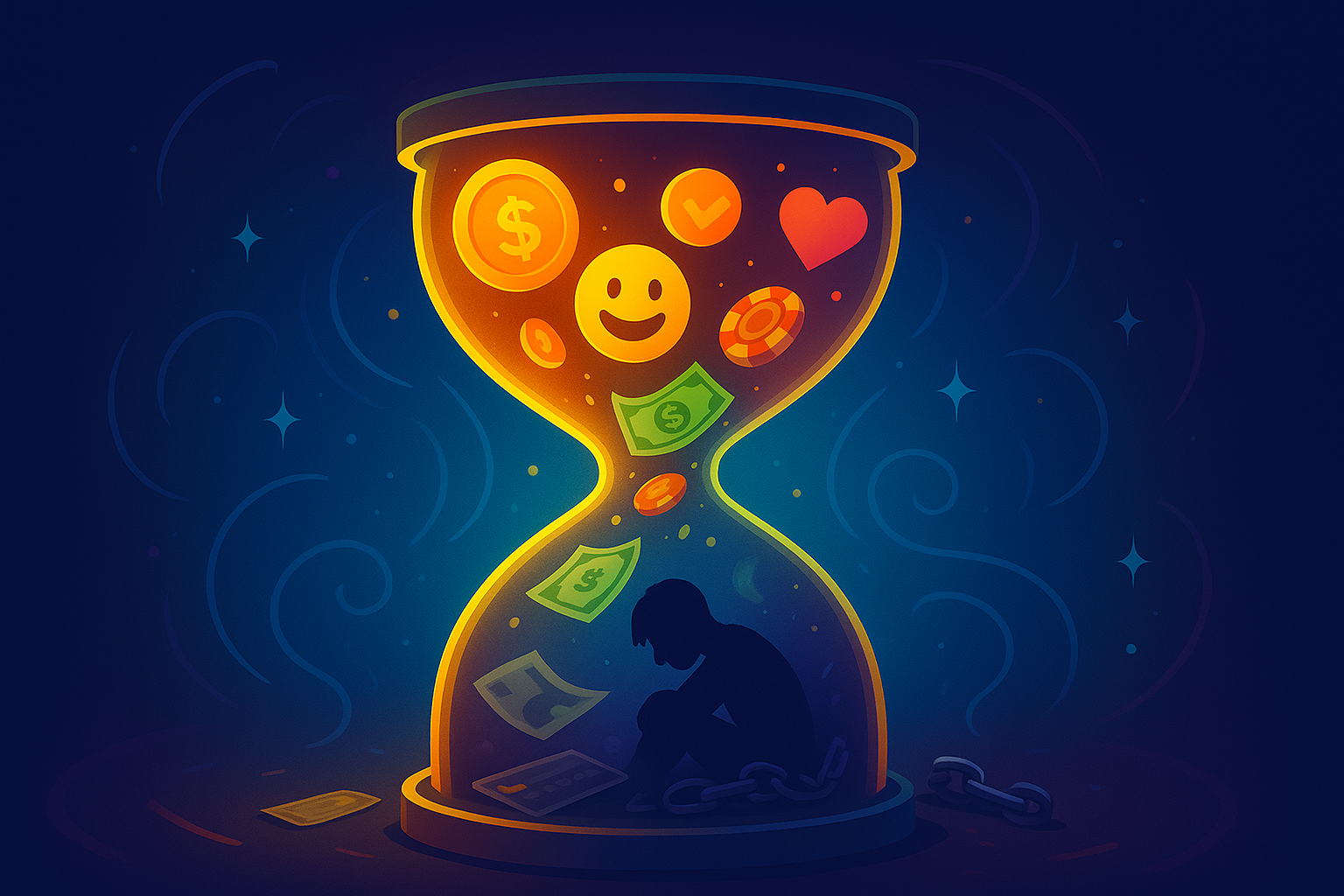 Hourglass with glowing reward icons at the top and a chained figure at the bottom, reflecting how social betting may create illusions of safety and lead to problematic use.