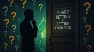Silhouette of a man contemplating a door with the sign “Sharp Betting & Betting Exchanges,” representing curiosity about alternative betting models.
