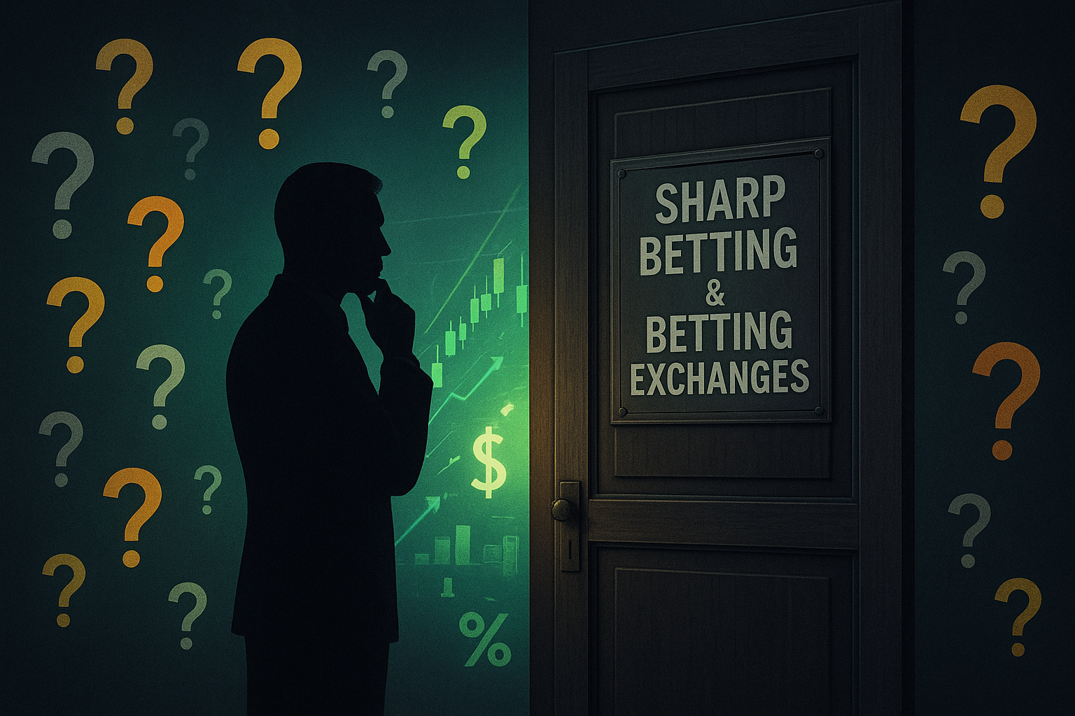 Silhouette of a man contemplating a door with the sign “Sharp Betting & Betting Exchanges,” representing curiosity about alternative betting models.