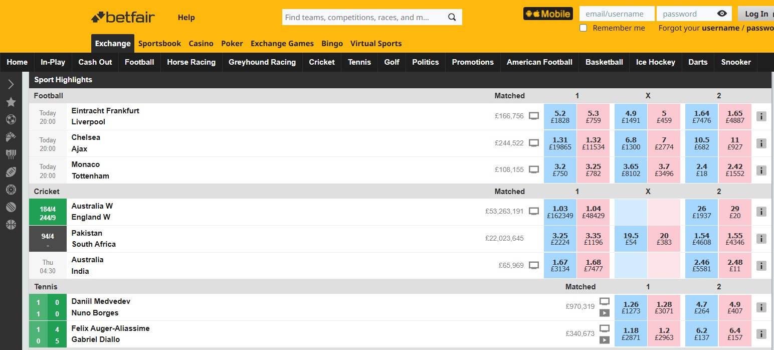 Betfair exchange interface showing football and cricket markets with back and lay odds, demonstrating how commissions replace bookmaker margins in betting exchanges.