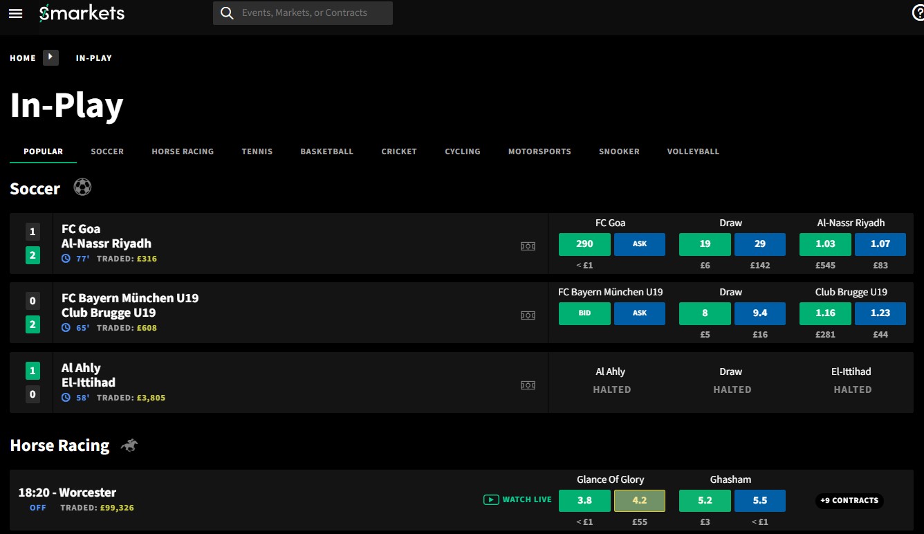 Screenshot from Smarkets featuring in-play football and racing events with back and lay odds, illustrating how the platform supports peer-to-peer betting.