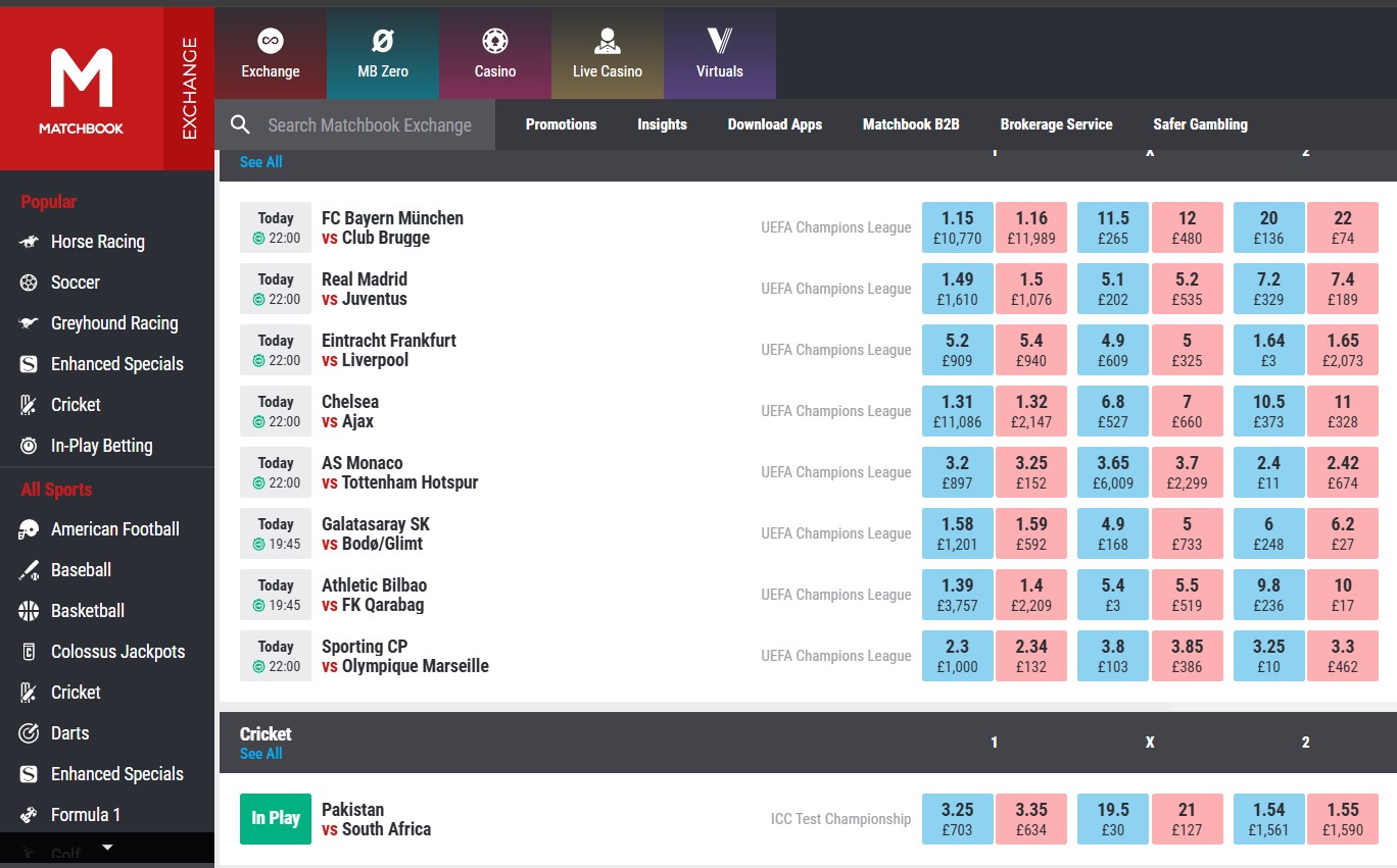 View of the Matchbook exchange dashboard featuring live sports markets, including football and cricket matches.
