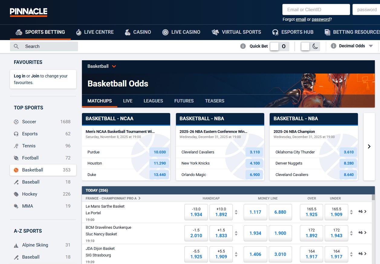 Interface of the Pinnacle sportsbook platform showing basketball betting options and real-time odds for upcoming games.
