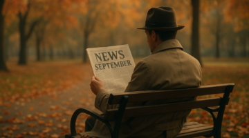 A reader in a coat and hat studies a newspaper in an autumn park, reflecting on the month's biggest stories in Canada's online gambling scene.