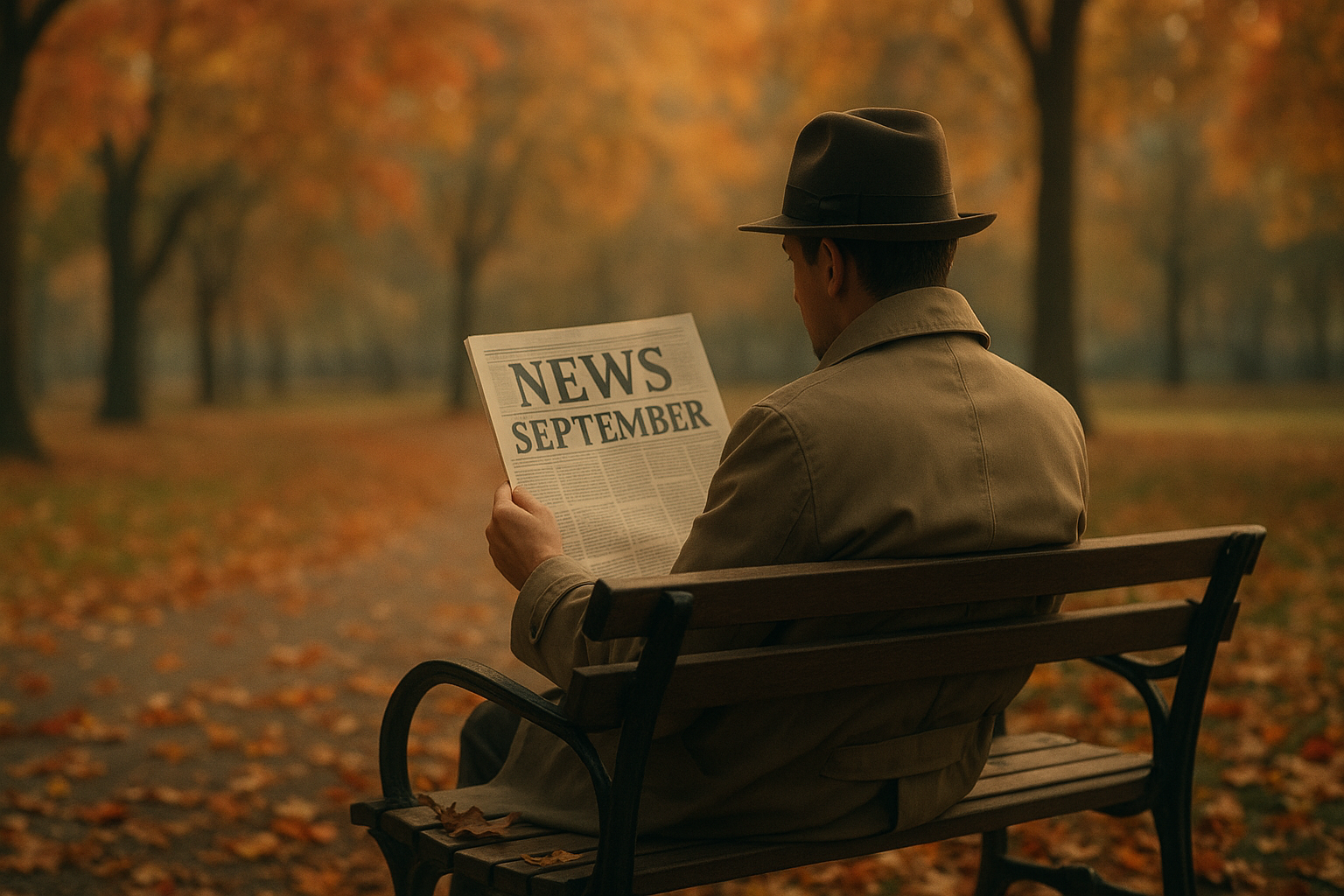 A reader in a coat and hat studies a newspaper in an autumn park, reflecting on the month's biggest stories in Canada's online gambling scene.