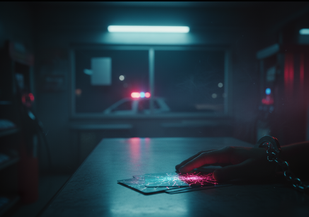 Hand in handcuffs reaching for gift cards in a dark room with red and blue lights, illustrating the Ontario betting fraud uncovered by police.