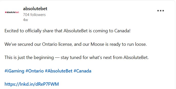 Social media post from AbsoluteBet celebrating the acquisition of an Ontario iGaming license and teasing its upcoming launch in Canada.