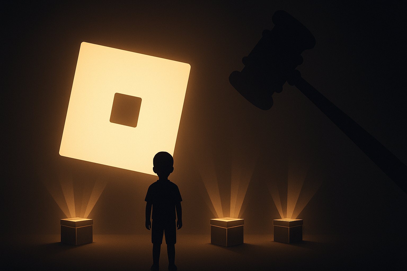 Silhouette of a child facing a glowing Roblox logo and judge's gavel, symbolizing a lawsuit over gambling-like mechanisms in the game.
