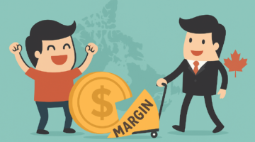 Cartoon of a happy bettor and bookmaker beside a large gold coin labelled “margin,” symbolizing bookmaker profit on betting odds.