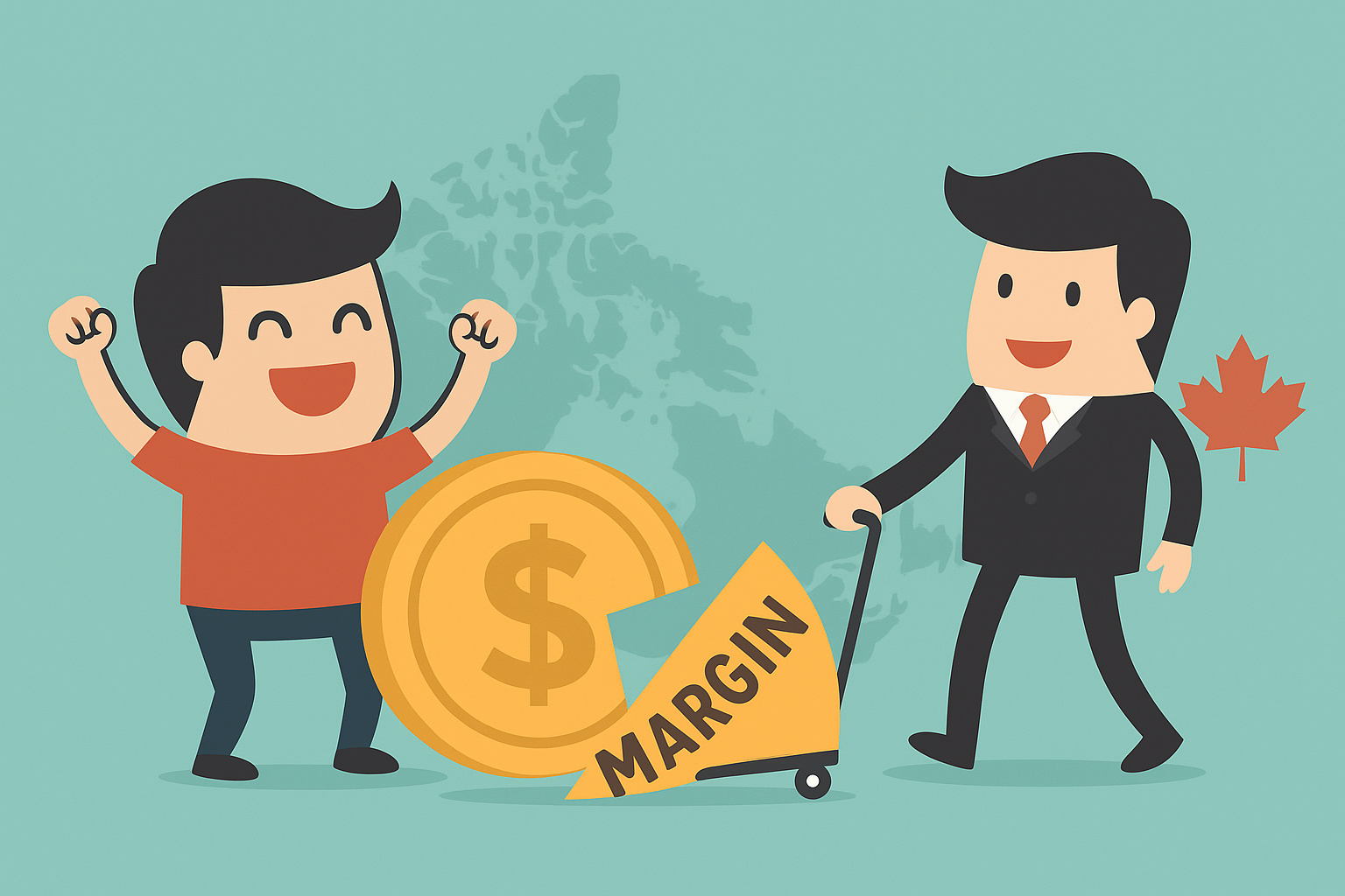 Cartoon of a happy bettor and bookmaker beside a large gold coin labelled “margin,” symbolizing bookmaker profit on betting odds.