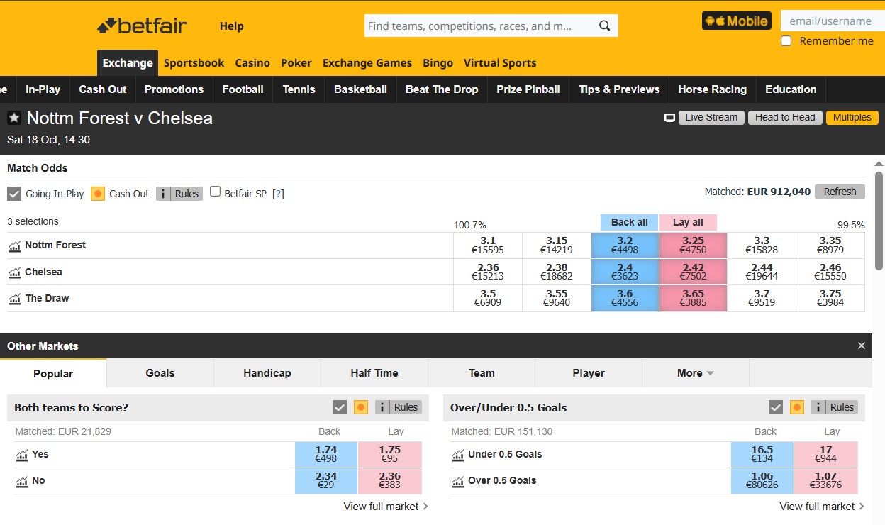 Betfair Exchange interface displaying football odds for Nottingham Forest vs Chelsea, used to demonstrate how exchanges reduce bookmaker margin through peer-to-peer betting.
