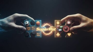 Two hands connecting puzzle pieces with sports and casino symbols representing SuperPot, a new hybrid betting product in Ontario.