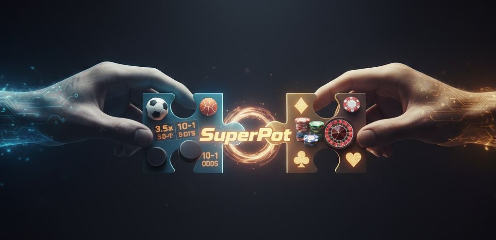 Two hands connecting puzzle pieces with sports and casino symbols representing SuperPot, a new hybrid betting product in Ontario.