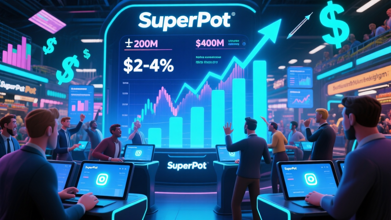 Illustration of business professionals analyzing SuperPot's financial projections and market potential, with graphs showing rising profits and engagement.