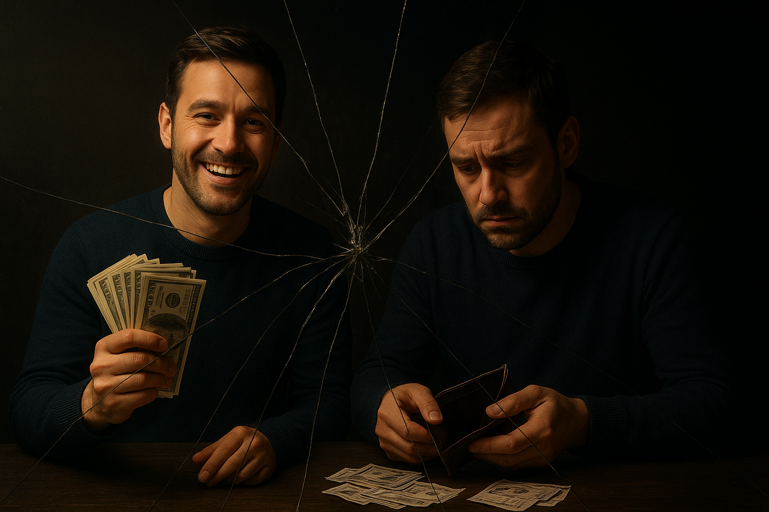 Artistic contrast of fortune and failure in a cracked-mirror portrait, showing how the illusion of control can turn excitement into regret for SuperPot players.