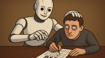 A smiling robot leaning over a tense man who hesitantly writes on a betting form, illustrating the risks of AI affecting gambling behaviour.