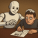 A smiling robot leaning over a tense man who hesitantly writes on a betting form, illustrating the risks of AI affecting gambling behaviour.