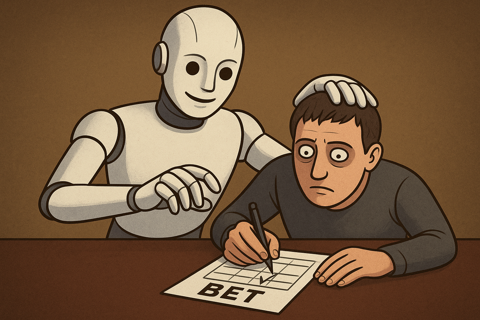A smiling robot leaning over a tense man who hesitantly writes on a betting form, illustrating the risks of AI affecting gambling behaviour.