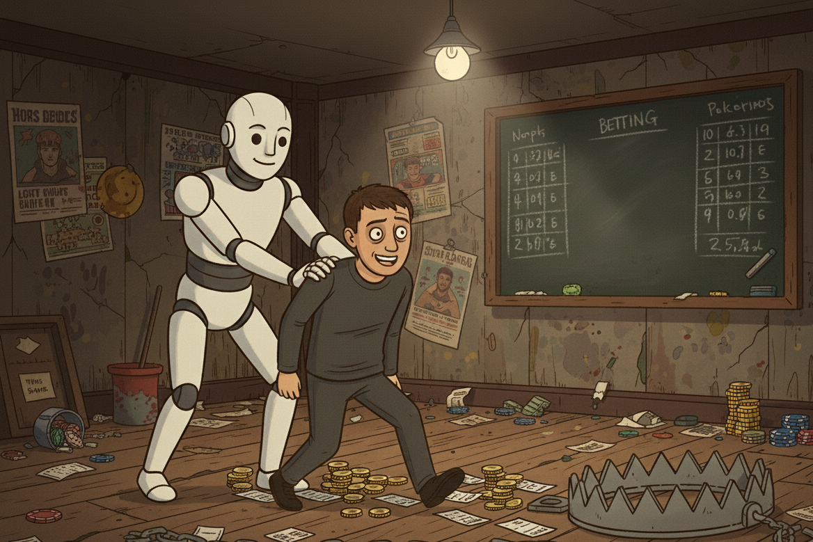 A friendly-looking robot guiding a distressed man toward a room filled with betting items and traps, symbolizing how AI advice can trigger relapse in problem gamblers.