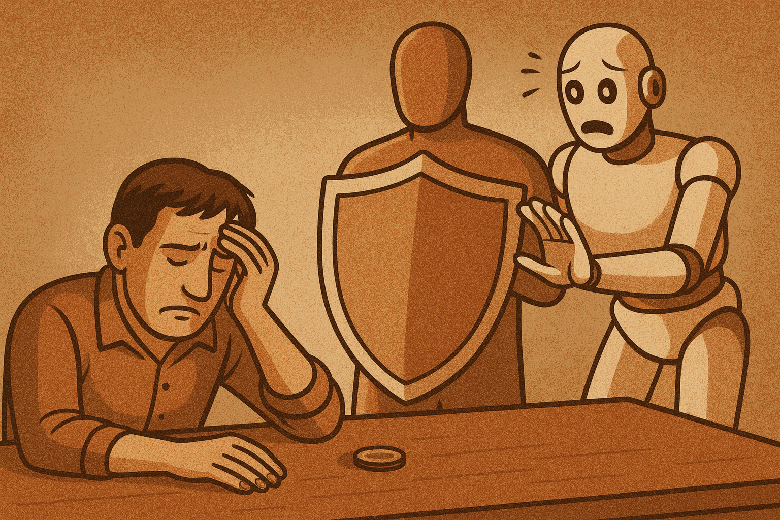 A worried man sits at a table as a robot reaches toward him, but a guardian figure with a large shield stands between them, representing protection from harmful AI-generated betting suggestions.