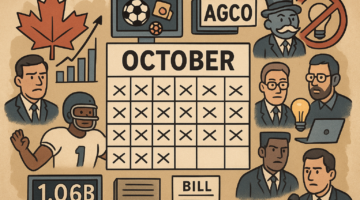 Illustration showing October calendar, betting growth charts, AGCO logo, sports icons, and new gambling law references representing Canadian iGaming news.
