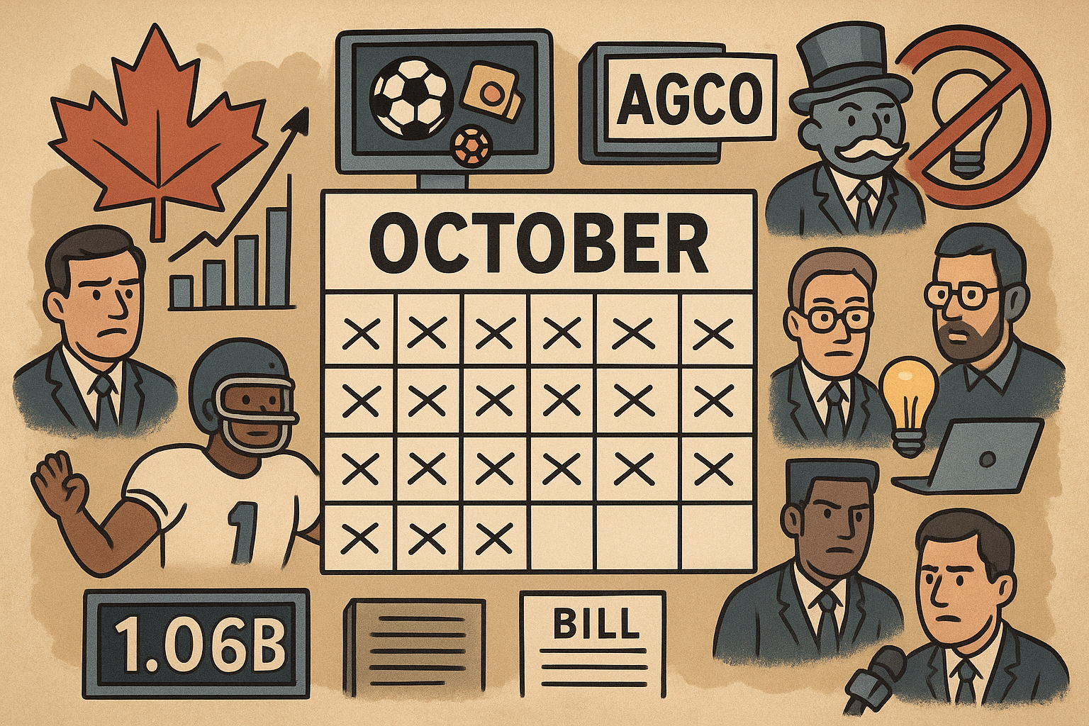 Illustration showing October calendar, betting growth charts, AGCO logo, sports icons, and new gambling law references representing Canadian iGaming news.