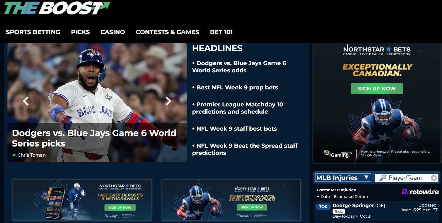 Screenshot of The Boost website by NorthStar Bets showing sports headlines, expert picks, and betting insights designed for Canadian bettors.