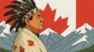 Portrait of an Indigenous leader with a feathered headdress and the Canadian flag, illustrating the rise of Indigenous-owned casino operators in Canada.