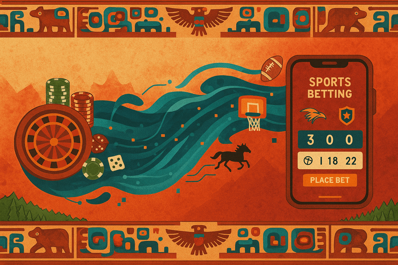 Graphic showing a sports-betting app, casino elements, and First Nations motifs symbolizing evolving regulations.