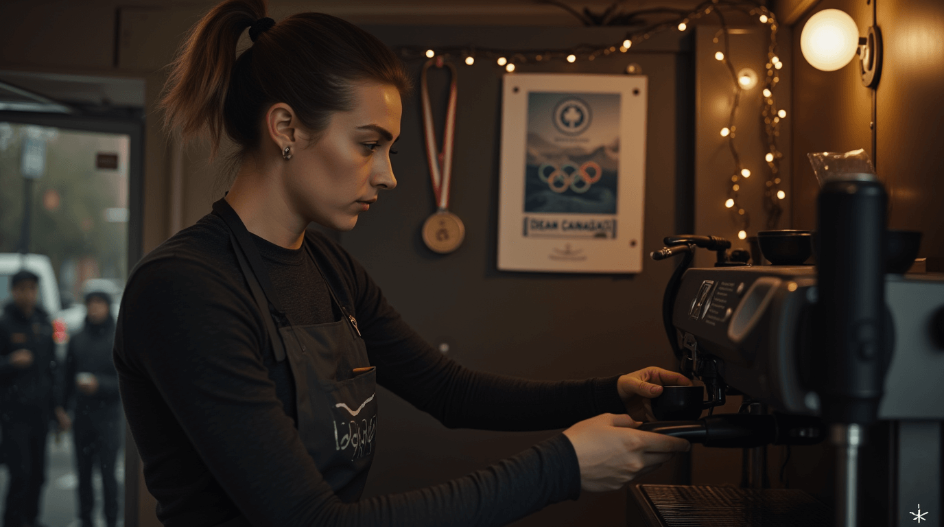 A woman working as a barista while training as an athlete, with sports medals hanging behind her, showing how limited funding forces Canadian competitors to take extra jobs.