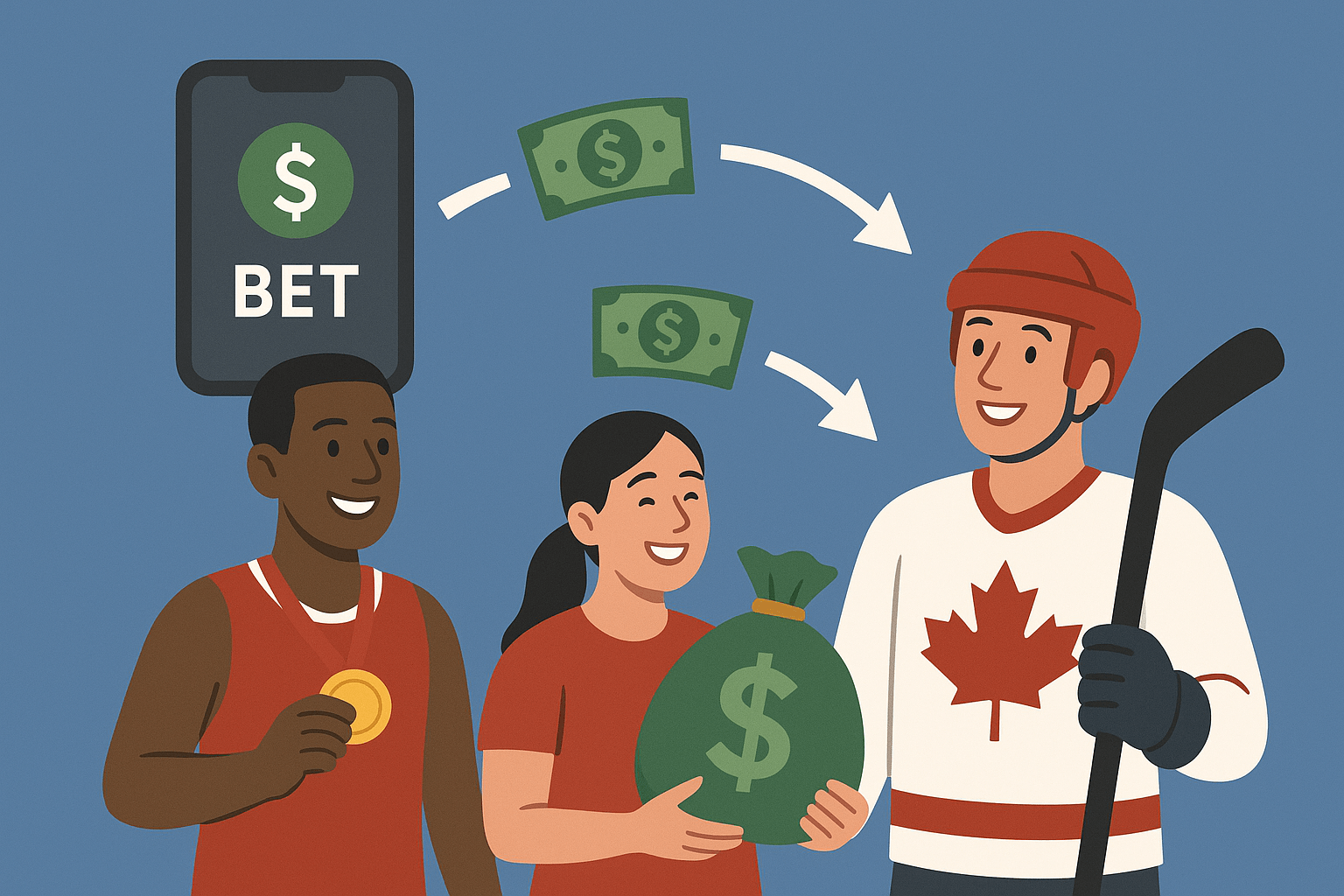 Illustration depicting a basketball player, a smiling woman with a money bag, and a hockey player receiving funds generated from sports betting.