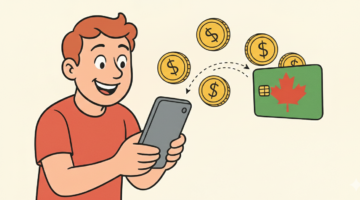 A smiling person using a smartphone while money transfers to a Canadian bank card, illustrating sportsbook withdrawal processes.