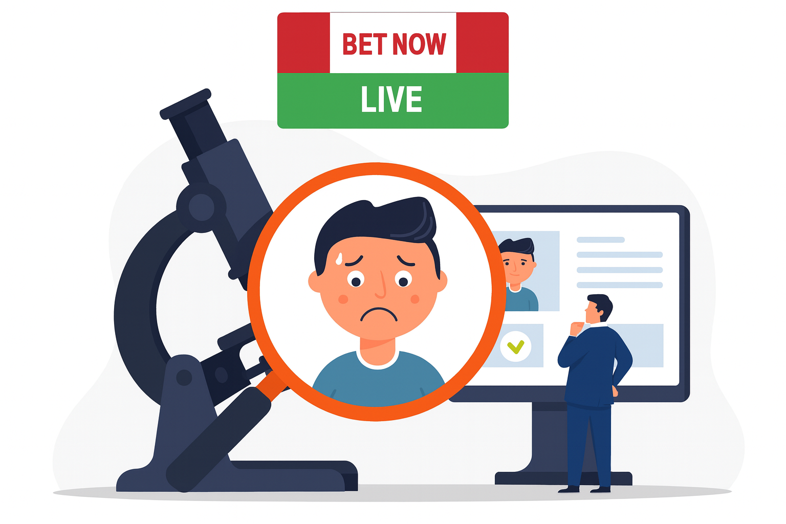 Illustration featuring a magnified view of a nervous user while an agent checks his profile details on a monitor.